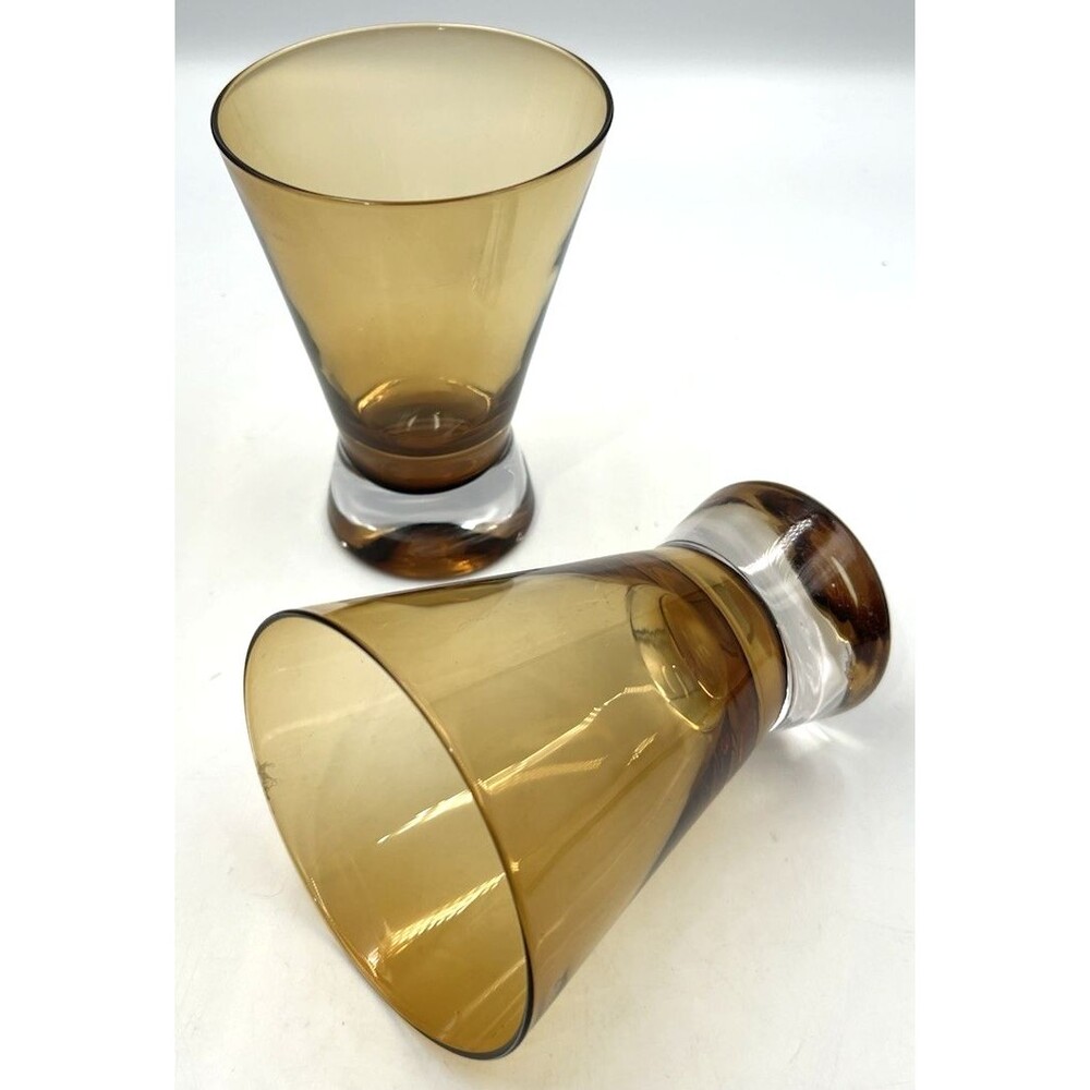 Amber Glass Tumbler Set 2 Vintage MCM Honey Gold Stemless Cone Rocks 5.25" 12oz